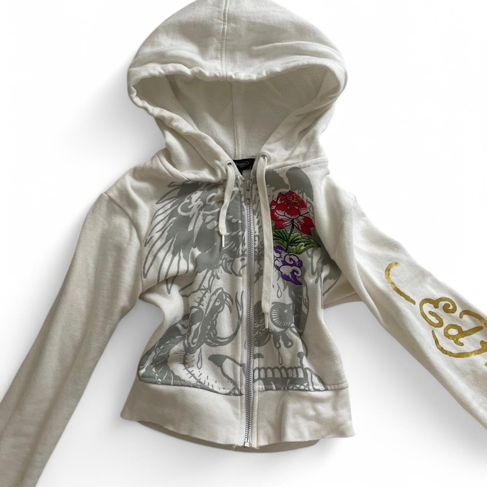 Ed Hardy Cream Cropped Hoodie with Gold Accent